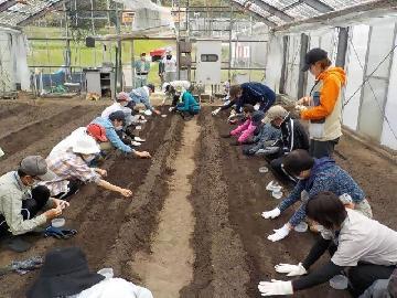 令和4年10月22日(土曜日) 参加者の皆さんが温室の中で種まきをしている写真