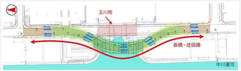 地図:玉川橋の仮橋・迂回路の平面図です。