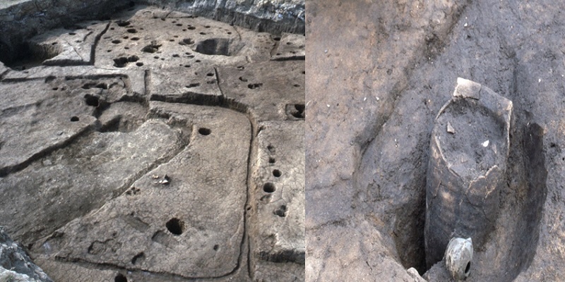 写真：左は重なり合った住居址。右は古代の竈の跡