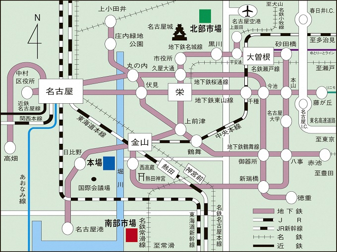 地図:中央卸売市場本場、北部市場、南部市場の配置図