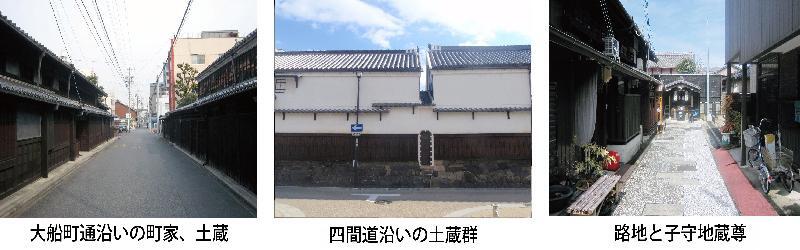写真：四間道町並み保存地区の様子　大船町通沿いの町屋、土蔵・四間道沿いの土蔵群・路地と子守地蔵尊