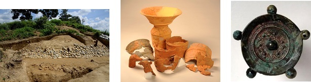 志段味大塚古墳の葺石と埴輪列の写真、埴輪の写真、五鈴鏡の写真