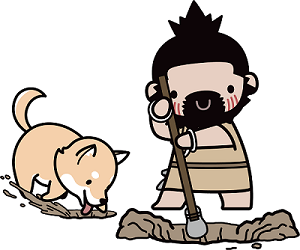 イラスト：左から縄文人のキャラクターと犬のキャラクター