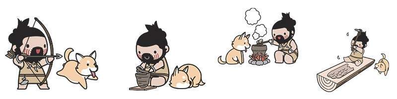 イラスト：左から縄文人のキャラクターと犬のキャラクターが狩りをしている様子、土器を作っている様子、土器で貝を煮ている様子、丸木舟を作っている様子