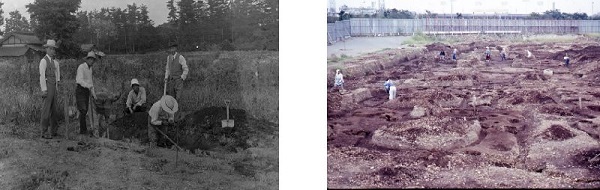 写真：左　発掘調査の様子(1939年)　右　発掘調査の様子(1980年)