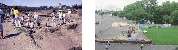 写真：左　1980年の発掘現場　右　令和元年の試掘調査の様子