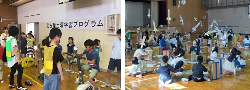 写真:企業と大学による電気実験、大学による空気の力体験学習