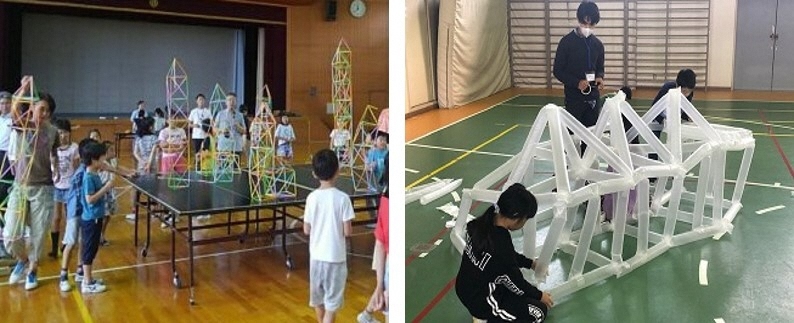 写真:企業による建物の秘密体験学習、大学による造形遊び体験