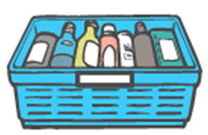イラスト：空きびん　青色かご