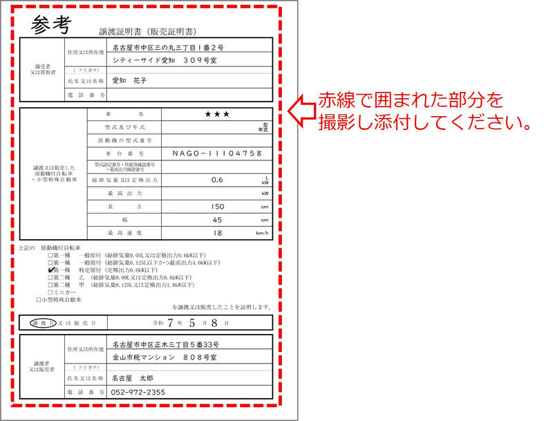 写真:添付文書として必要な譲渡証明書について、必要な部分を示しています。