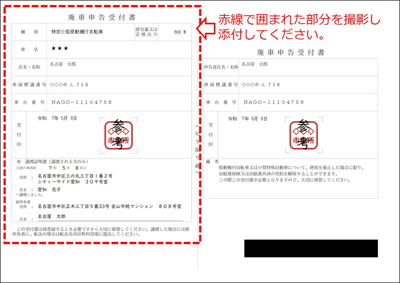 写真:添付文書として必要な譲渡証明書について、必要な部分を示しています。