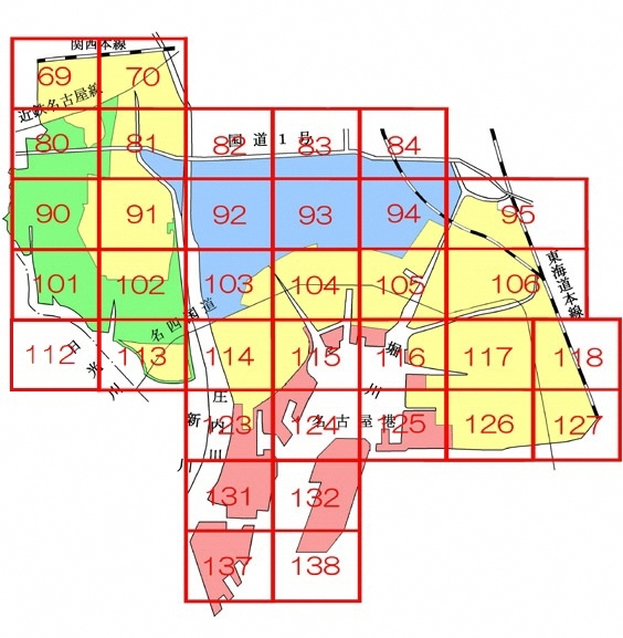 地図:N・P標示電柱の位置を区域ごとに番号分けした地図です。