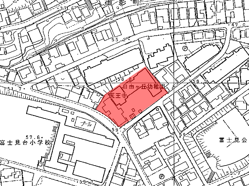 地図:自由ケ丘幼稚園、医王院