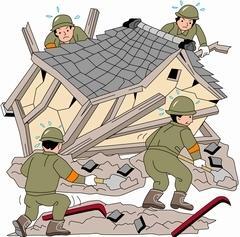 イラスト：倒壊した家屋から協力して被災者を救助しているイメージ