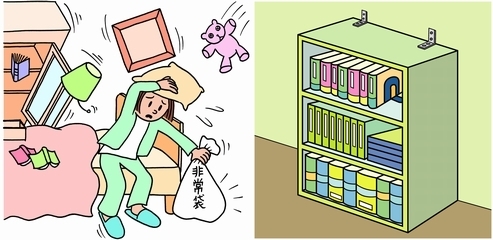 イラスト：家具がひとに倒れる様子と家具固定をした例