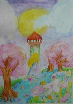 写真:優秀賞受賞作品「塔の向こうには」(「絵画」小学校高学年の部)