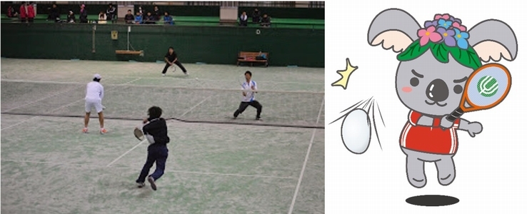 ソフトテニスの写真と、ソフトテニスをするこあらっちのイラスト