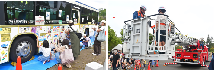 写真:乗り物展示・体験の様子(お絵描きバス、はしご車)
