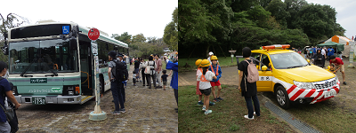 写真:乗り物展示・体験の様子(バス、土木パトロールカー)