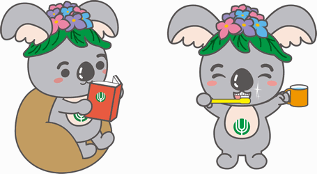 イラスト：(左)読書中のこあらっち　(右)はみがき中のこあらっち