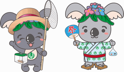 イラスト：(左)昆虫採集スタイルのこあらっち（日焼けぎみ）　(右)浴衣着用こあらっち