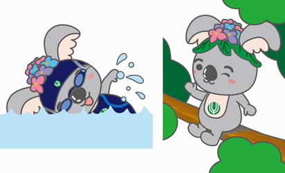 イラスト：(左)水泳をするこあらっち　(右)木の枝に座っているこあらっち