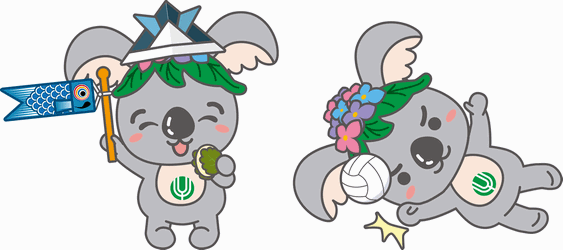 イラスト:(左)折り紙兜をかぶり、鯉のぼりを片手に柏餅を食べるこあらっち (右)バレーボールをするこあらっち