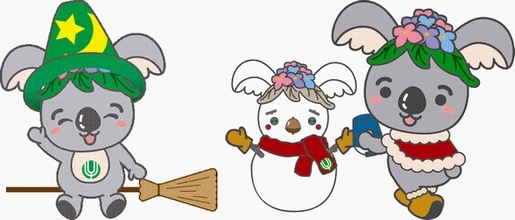 イラスト:(左)ハロウィンを楽しむこあらっち (右)雪遊びをするこあらっち