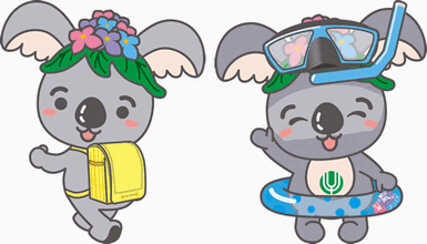 イラスト:(左)ランドセルを背負ったこあらっち(右)水遊びを楽しむこあらっち