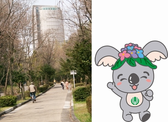 平和公園一万歩コースから平和公園アクアタワーを望む写真とこあらっちのイラスト