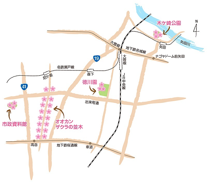 東区内で、桜がきれいに見ることができる場所が記載してある地図