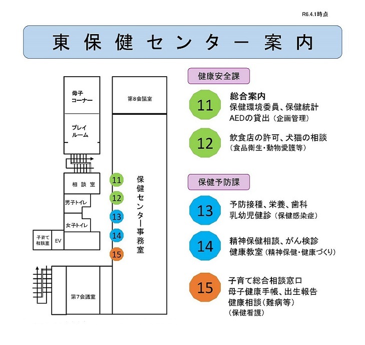 イラスト:東保健センター2階見取図と窓口情報