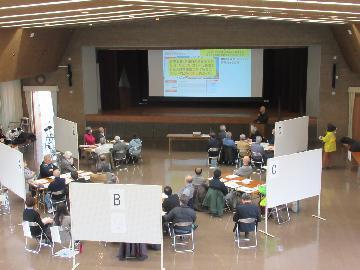 写真：5つのグループに分かれ話し合いする様子