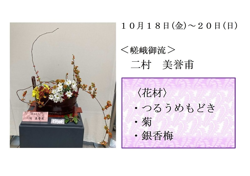 写真:10月18日から20日展示、嵯峨御流の二村先生の作品です。花材は、つるうめもどき、菊、銀香梅です。
