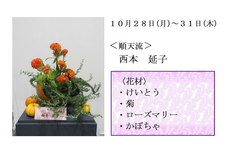 写真:10月28日から31日展示、順天流の西本先生の作品です。花材は、けいとう、菊、ローズマリー、かぼちゃです。