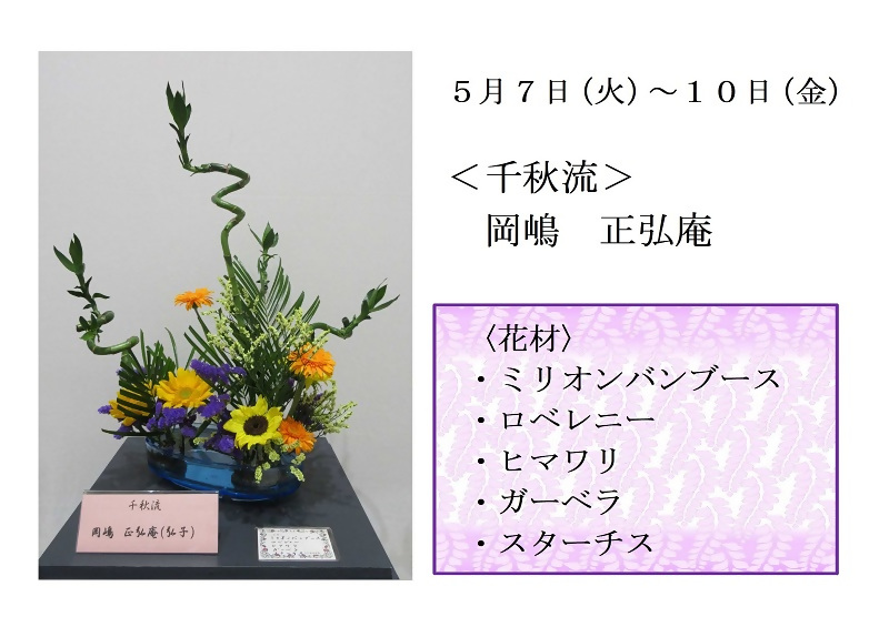 写真:5月7日より10日展示、千秋流の岡嶋先生の作品です。使用花材はミリオンバンブース、ロベレニー、ヒマワリ、ガーベラ、スターチスです。