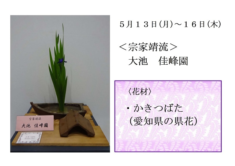 写真:5月13日から16日展示、宗家靖流の大池先生の作品です。使用花材は、かきつばたです。