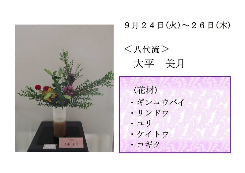 写真:9月24日から26日展示、八代流の大平先生の作品です。使用花材は、ギンコウバイ、リンドウ、ユリ、ケイトウ、コギクです。
