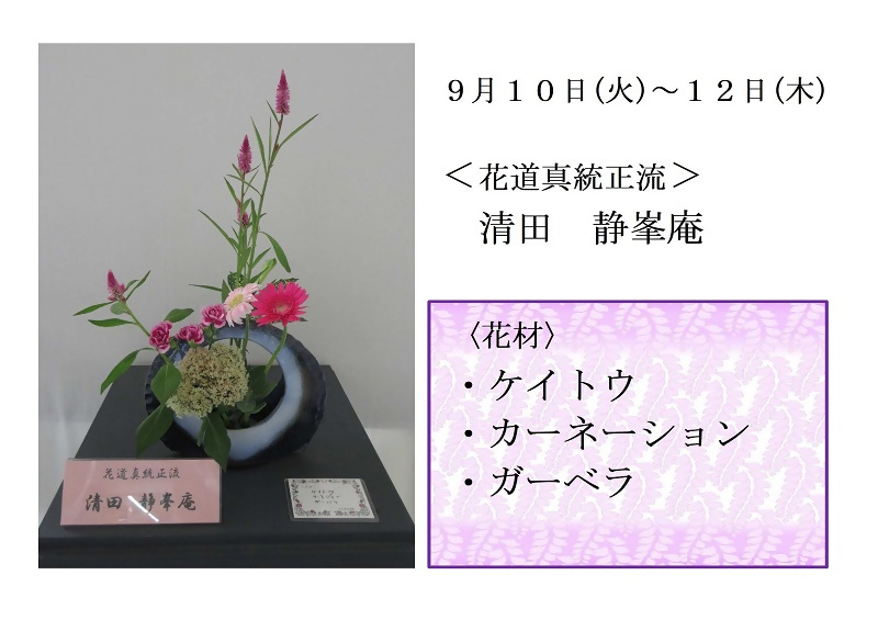 写真:9月10日から12日展示、花道真統正流の清田先生の作品です。使用花材はケイトウ、カーネーション、ガーベラです。