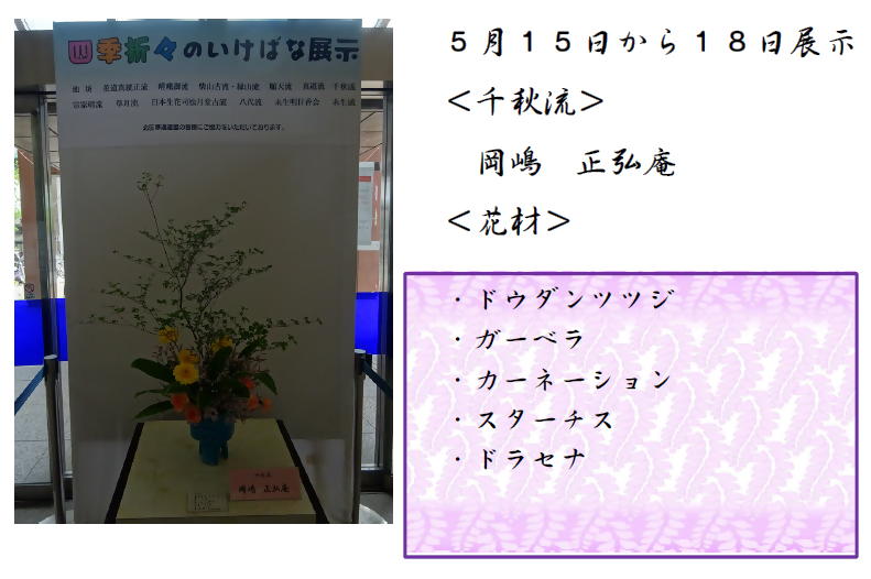 5月15日から18日展示、千秋流の岡嶋先生の作品です。使用花材はドウダンツツジ、ガーベラ、カーネーション、スターチス、ドラセナです。