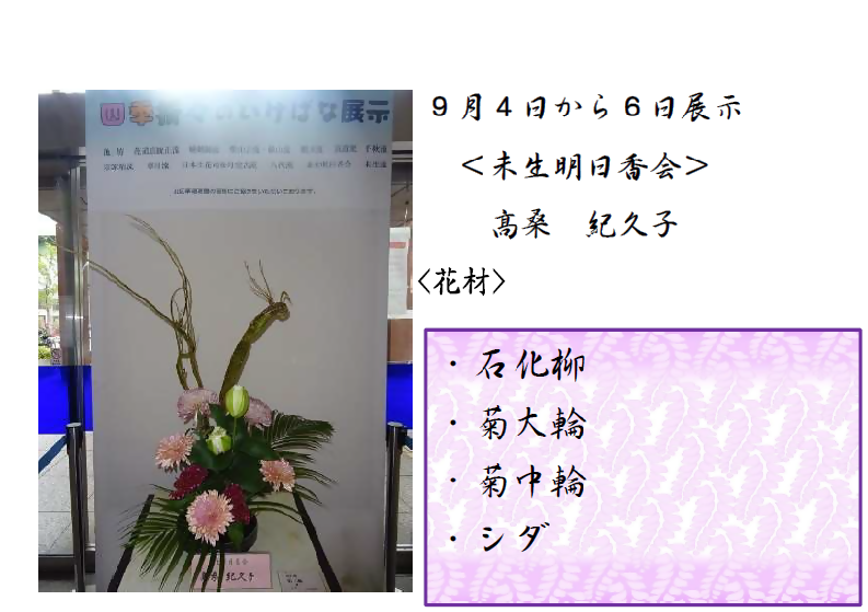 9月4日から6日展示、未生明日香会の髙桑先生の作品です。使用花材は石化柳、菊大輪、菊中輪、シダです。
