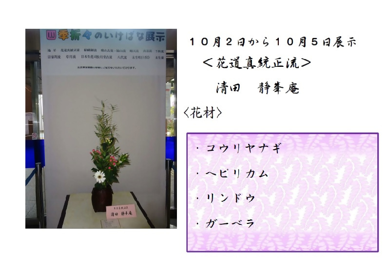 10月2日から5日展示、花道真統正流の清田先生の作品です。使用花材はコウリヤナギ、ヘピリカム、リンドウ、ガーベラです。