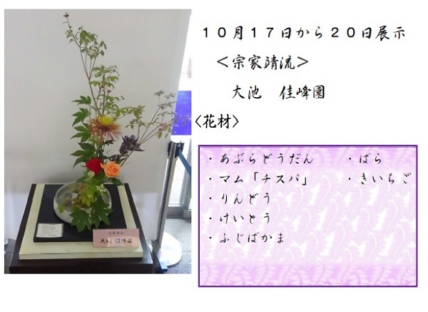 10月17日から20日展示、宗家靖流の大池先生の作品です。使用花材はあぶらどうだん、マム「チスパ」、りんどう、けいとう、ふじばかま、ばら、きいちごです。