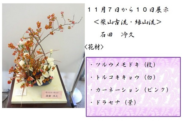 11月7日から11月10日展示、柴山古流・縁山流の石田先生の作品です。使用花材はツルウメモドキ(枝)、トルコキキョウ(白)、カーネーション(ピンク)、ドラセナ(葉)です。