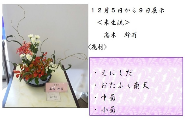 12月5日から9日展示、未生流の髙木先生の作品です。使用花材はえにしだ、おたふく南天、中菊、小菊です。
