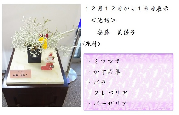 12月12日から16日展示、池坊の安藤先生の作品です。使用花材はミツマタ、かすみ草、バラ、クレベリア、バーゼリアです。
