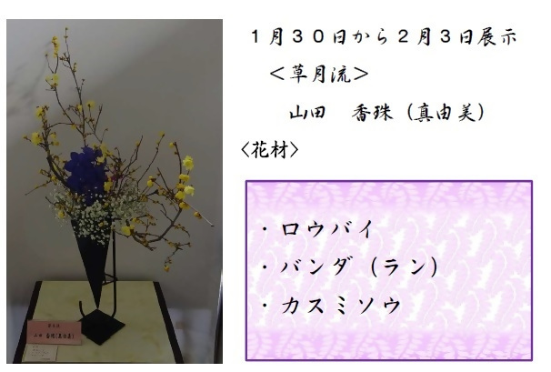 1月30日から2月3日展示、草月流の山田先生の作品です。使用花材はロウバイ、バンダ(ラン)、カスミソウです。