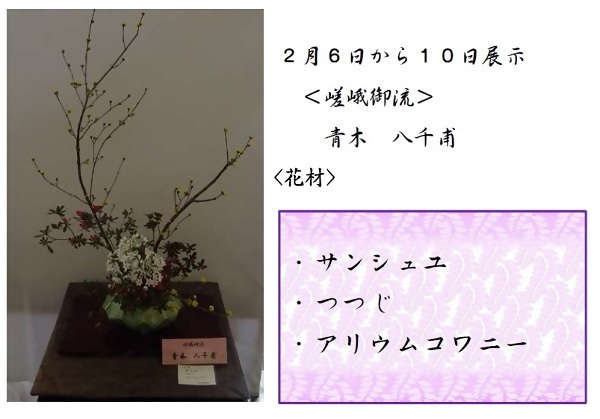 2月6日から10日展示、嵯峨御流の青木先生の作品です。使用花材はサンシュユ、つつじ、アリウムコワニーです。