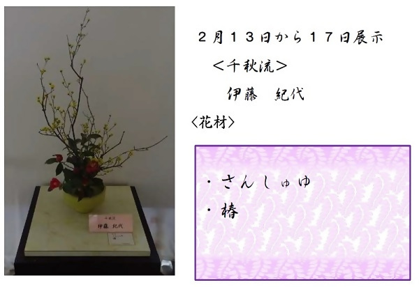 2月13日から17日展示、千秋流の伊藤先生の作品です。使用花材はさんしゅゆ、椿です。