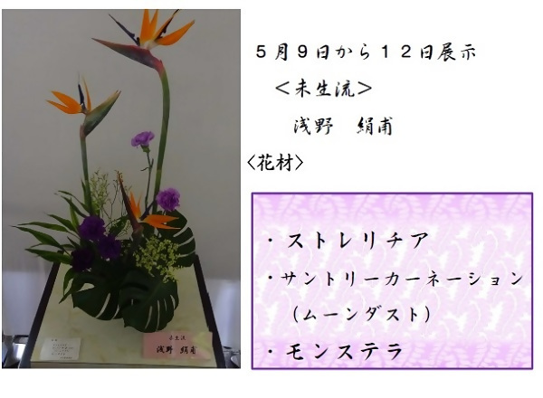 5月9日から12日展示、未生流の浅野先生の作品です。使用花材はストレリチア、サントリーカーネーション、モンステラです。